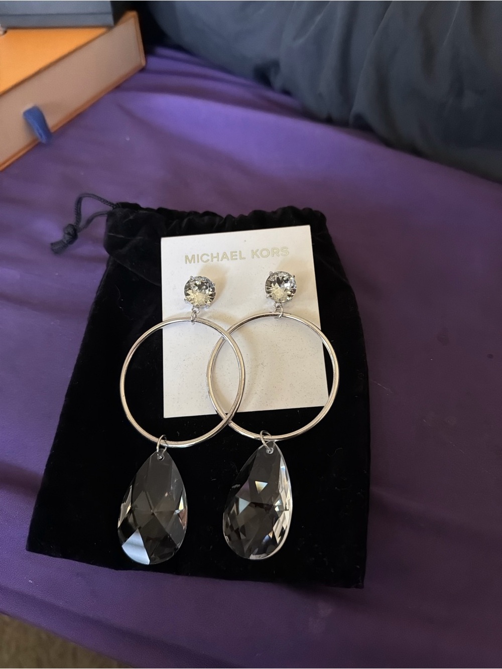 Michael Kors Silver Hoop Earrings with Gray Crystal Drops 4 1/2 long